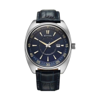 Titan Classique Tonneau 90211SL01 Blue Dial Leather Strap Analog Men Watch